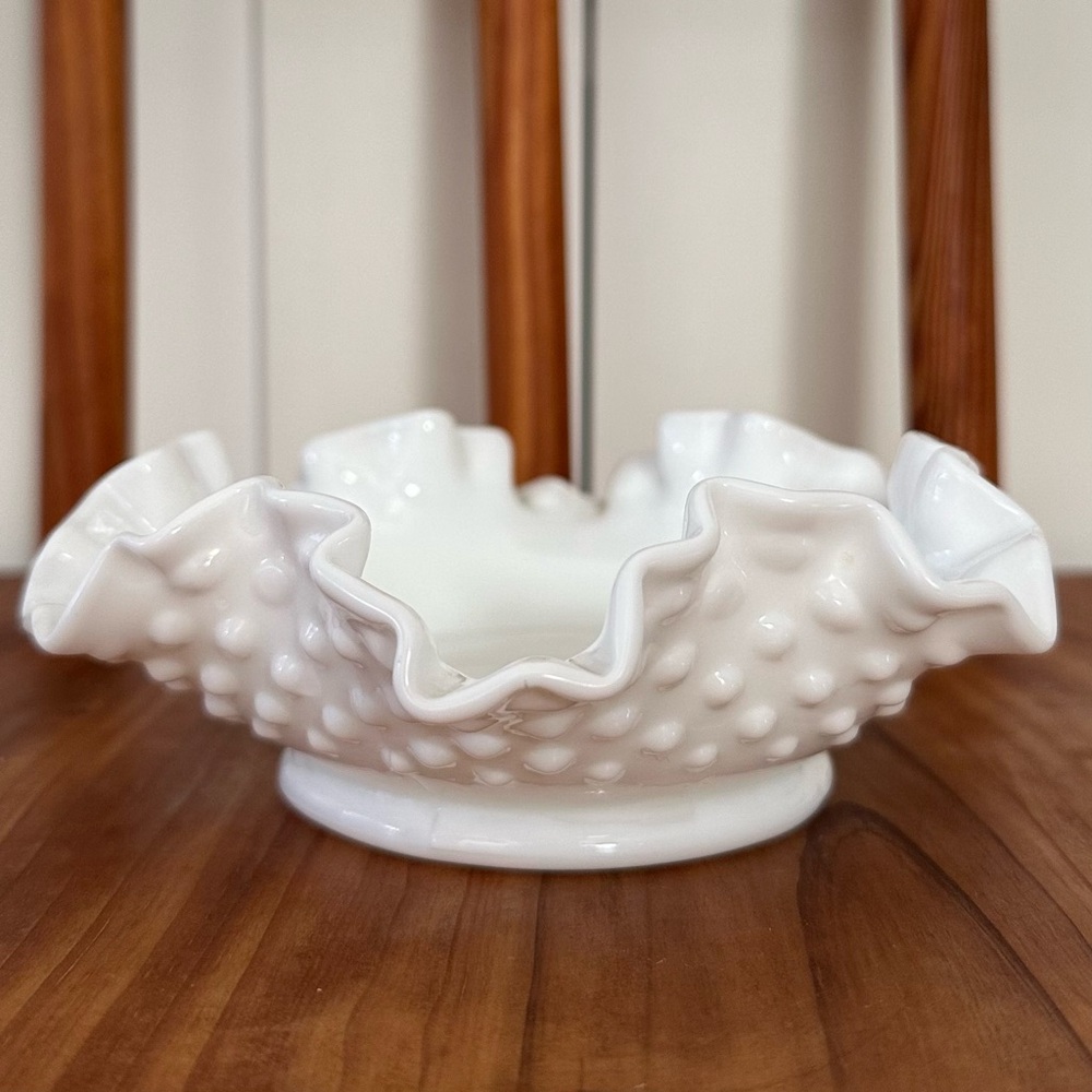 Vintage Fenton Hobnail  Milk Glass Ruffled Bowl Candy Dish